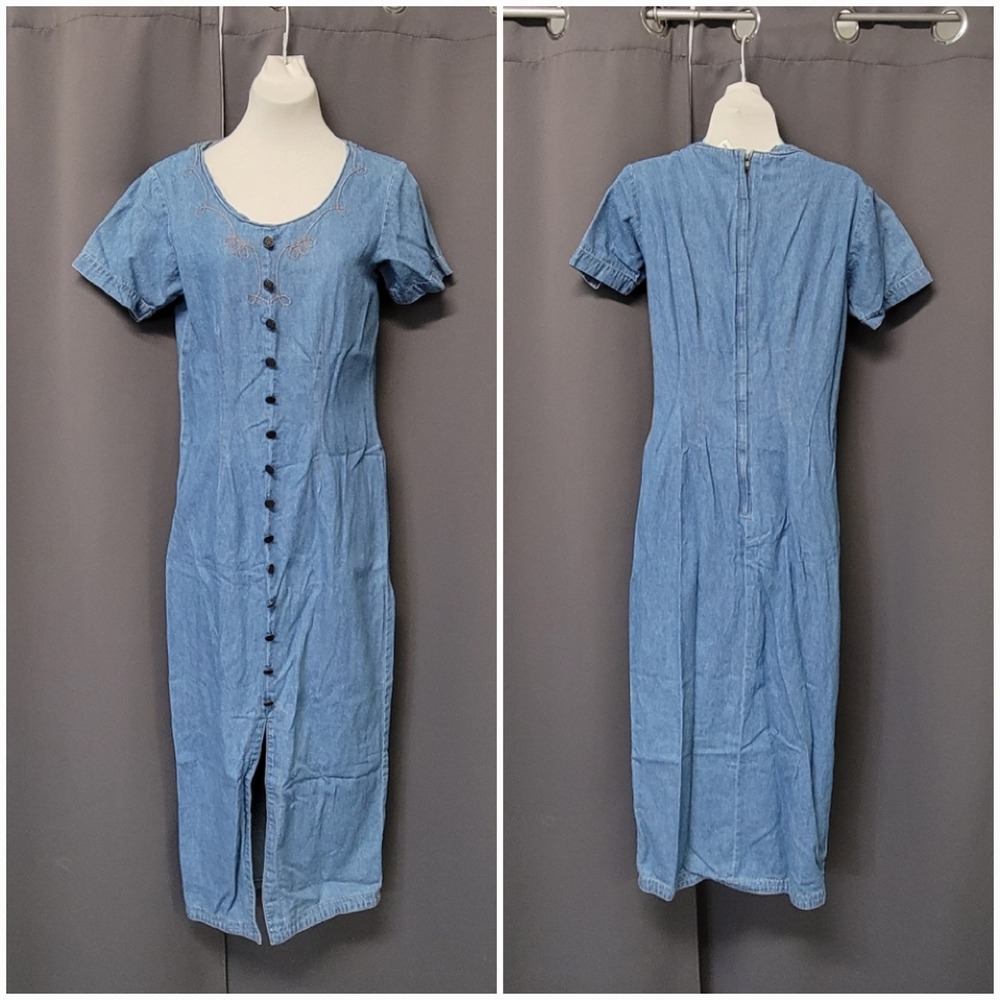 Vintage 90s y2k Denim Blue‎ Embroidered Button Front Boho Maxi Shirt Dress 6 - Picture 5 of 5